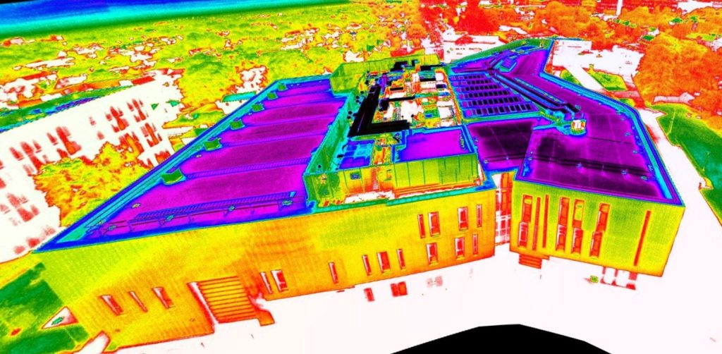 Aerial thermal image of a large roof showing heat loss