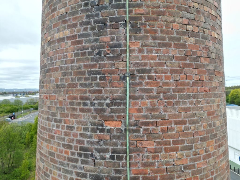 Drone inspection of chimney stack brickwork, pointing and lightning conductor