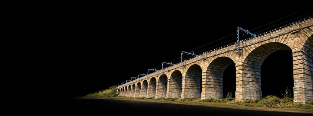 3D model of a masonry railway viaduct with overhead line equipment