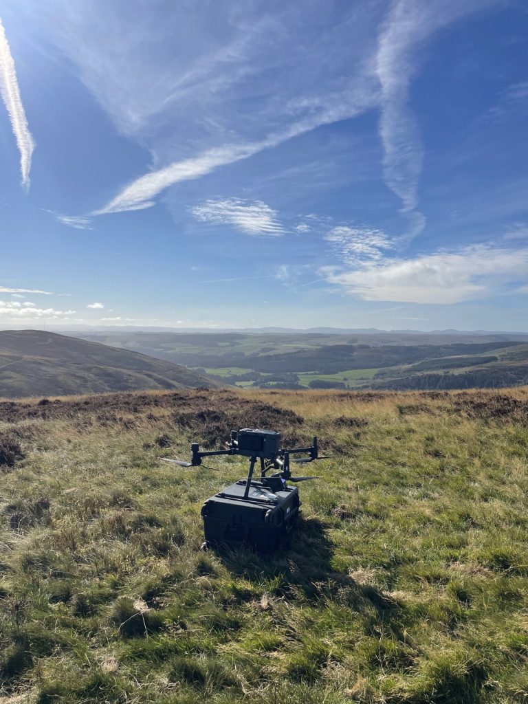 Overeye LiDAR drone ready for take-off on moorland at a wind farm feasibility site